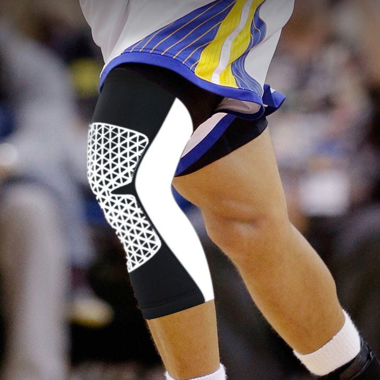 Breathable black knee sleeve with white lattice impact pad and blue/yellow strap