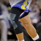Blue and yellow knee sleeve with white grid panel knee protector, breathable sports guard