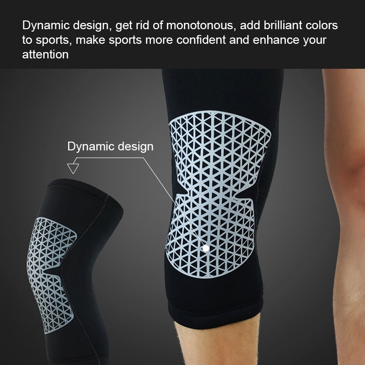 Black knee sleeve with white geometric mesh knee panel for contoured compression