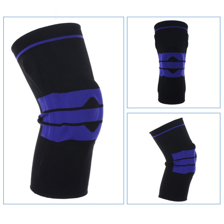 Black knit knee sleeve with purple-blue stripe bands, compression spring support