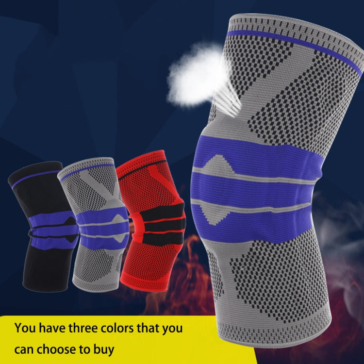 Set of knit knee sleeves in grey, red, and black with blue stripe bands