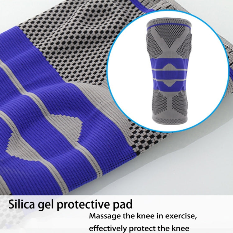 Grey mesh knit knee protector with purple-blue stripe bands and textured padding