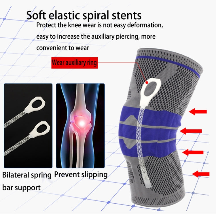 Grey knee sleeve with purple-blue stripe bands and spring bar support design