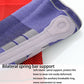 Close-up of grey and blue striped knee protector with supportive elastic knit