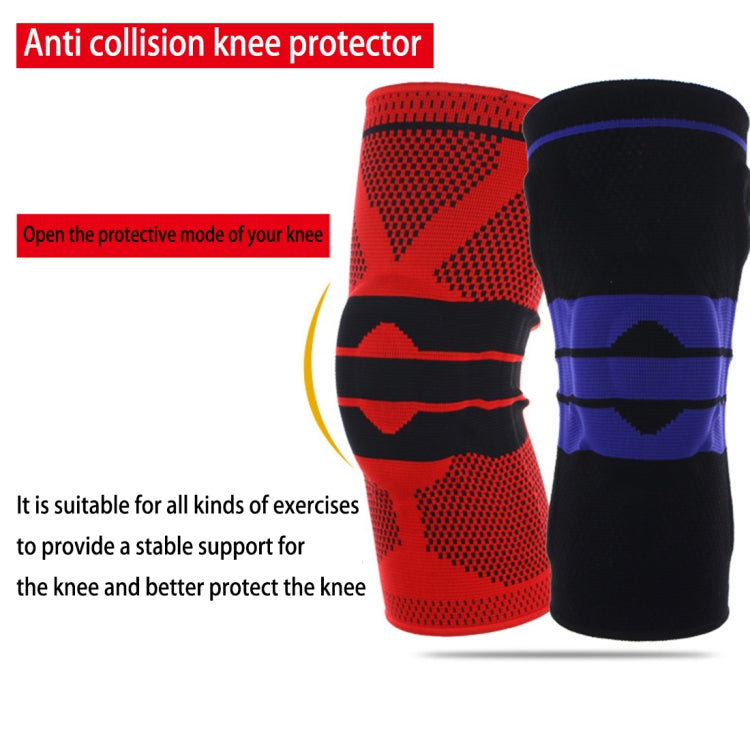 Pair of anti-collision knee protectors: red and black knit sleeves with blue stripe bands