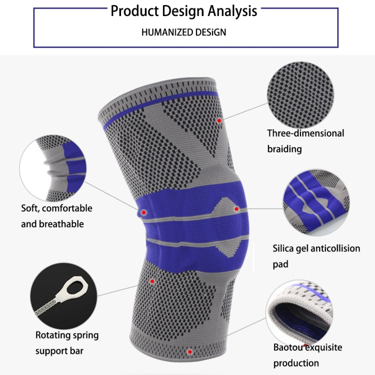 Grey knit knee protector sleeve with purple-blue stripe bands and padded support
