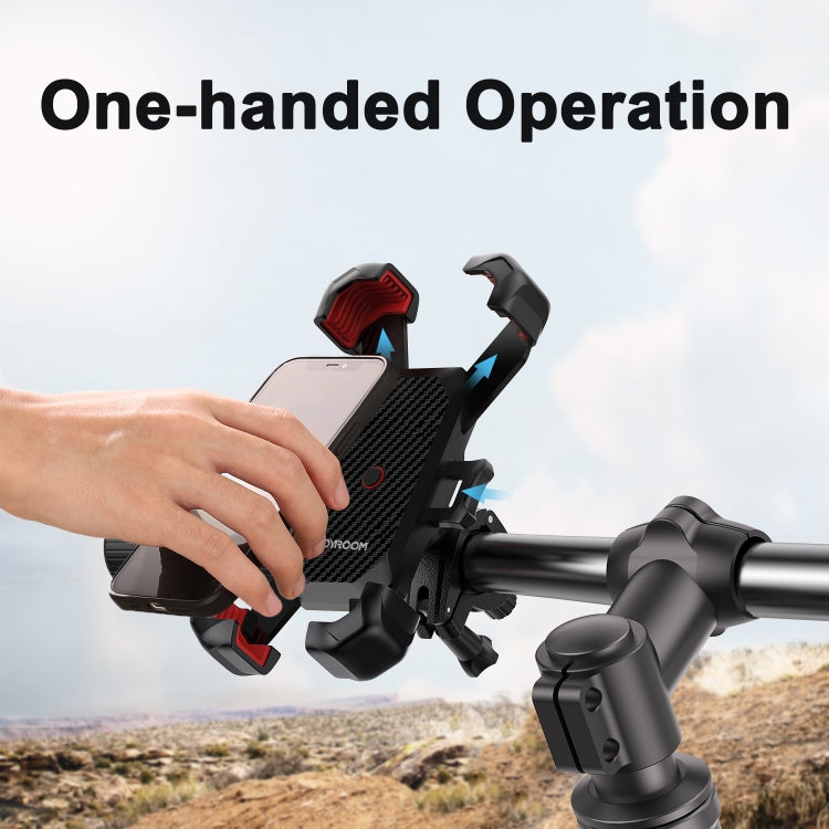Black bike phone mount with one-hand operated red release button