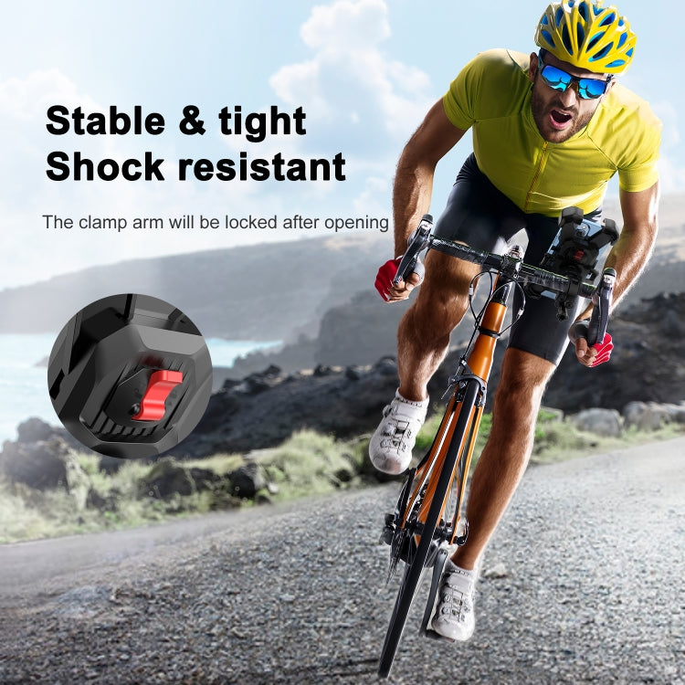 Black bike phone mount with shock-resistant clamp and red locking tab