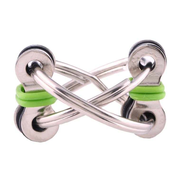 Tri-spinner key ring with three metal spinner barrels and green silicone rings