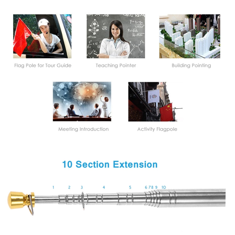 2.5M 11 Knots Multi-function Telescopic Stainless Steel Sponge Golden Head Teaching Stick Guide Flagpole Signal Flag, 2.5M 11 Knots