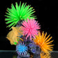 Cluster of colorful spiky sea urchin ball coral decorations on aquarium rocks.