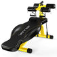 Yellow and black abdominal curl exercise bench with padded seat, roller pads, and handle frame