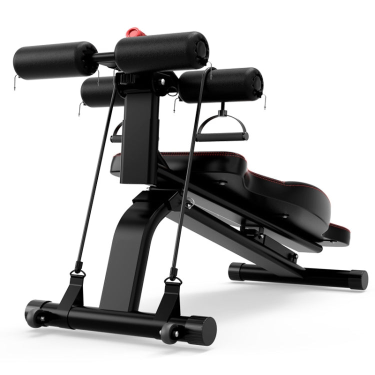 Black abdominal curl exercise bench with adjustable padded platform and roller bar supports