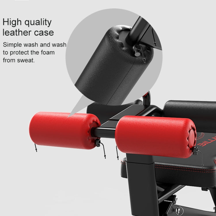 Black abdominal curl bench with red padded roller rollers and adjustable arm hardware