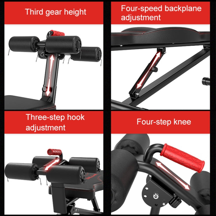 Black abdominal curl bench showing height and angle adjustment points and red roller grips