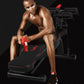 Black abdominal curl exercise bench used for weighted leg curls with red roller grips