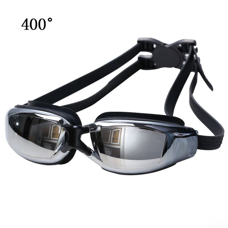 Black swim goggles with clear mirrored lenses and adjustable silicone strap
