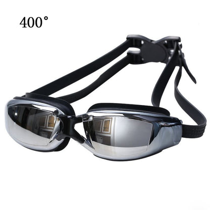 Black swim goggles with clear mirrored lenses and adjustable silicone strap
