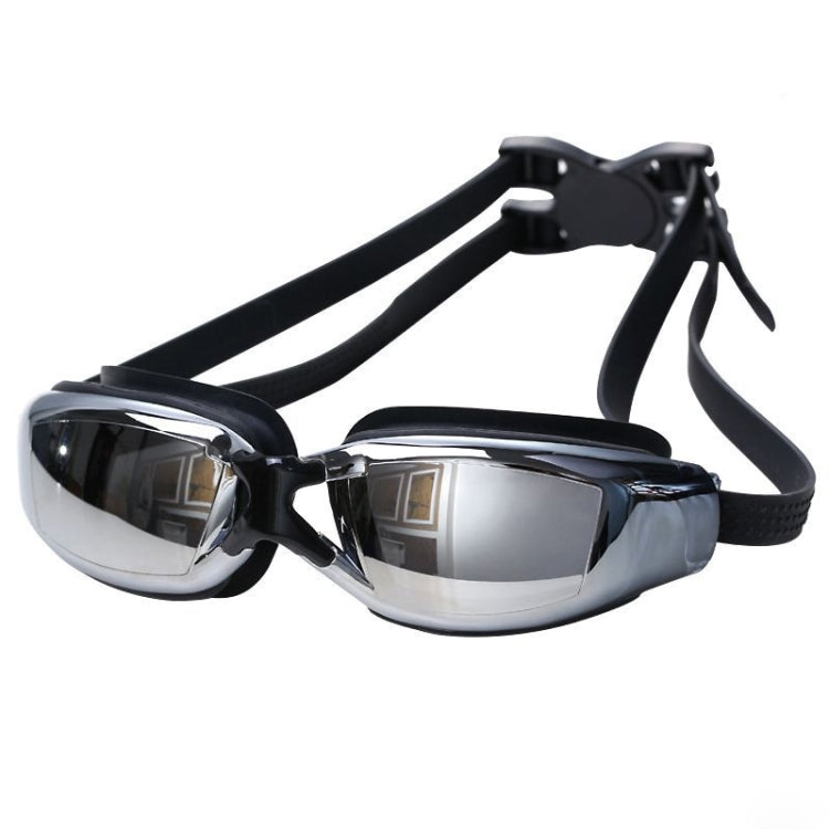 Swim goggles with black frame, mirrored lenses, and side buckle silicone strap