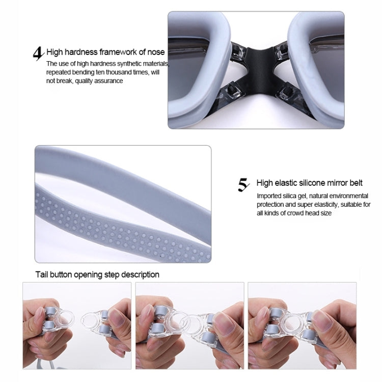 Swim goggles detail: curved nose bridge and elastic silicone mirror belt