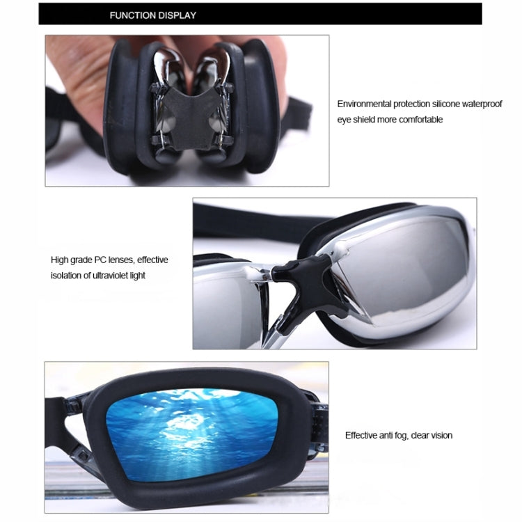 Swim goggles with reflective mirrored lens and black silicone edge for comfort