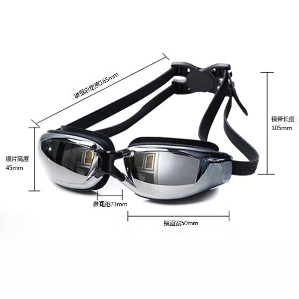 Swim goggles with dimension diagram over black frame and adjustable strap