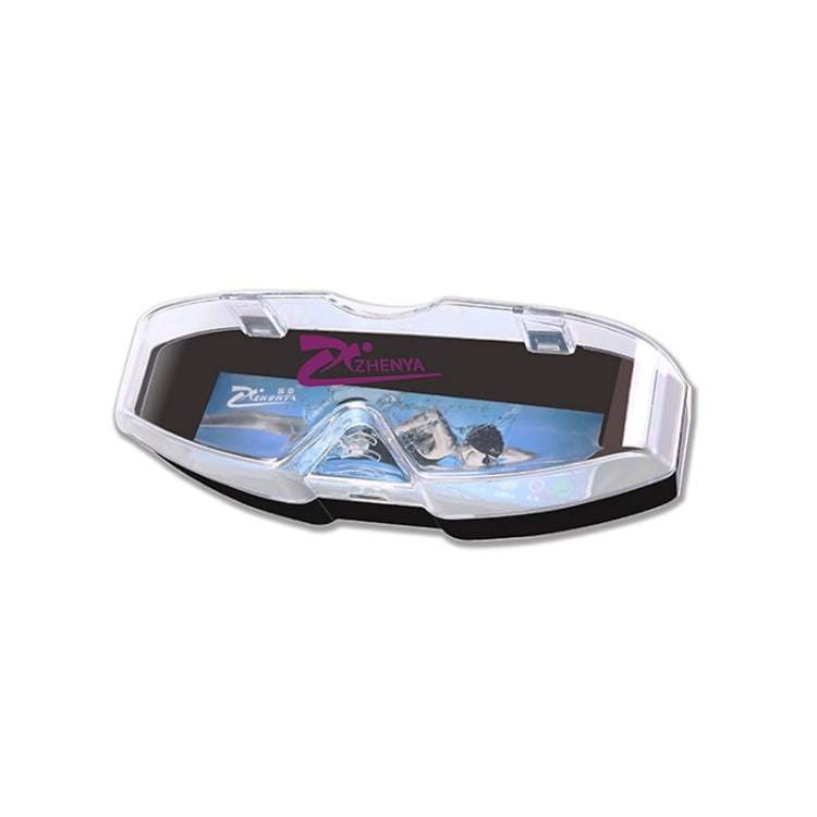 Clear-framed swim goggles with mirrored lens and black strap; Zhenya logo