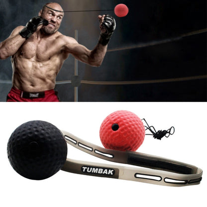 Head-mounted boxing ball trainer with red and black textured balls and elastic cords