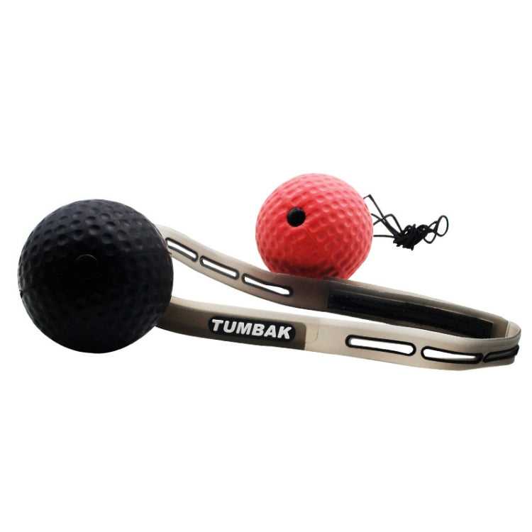 Head-mounted boxing ball trainer bar with black and red textured balls and pull cords