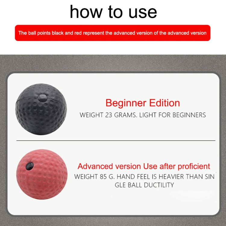Instruction card showing black and red textured boxing balls with pull cord