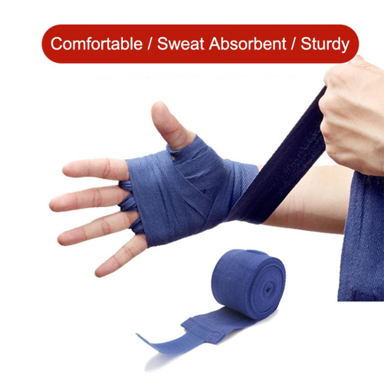 Blue boxing hand bandage with roll and wrapped wrist/hand pad on a forearm.