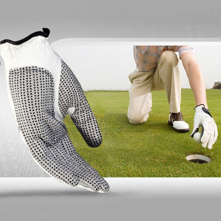 White left-hand golf glove with textured palm grip and perforated finger panels