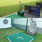 Green tee up machine with upright club rack on practice mat