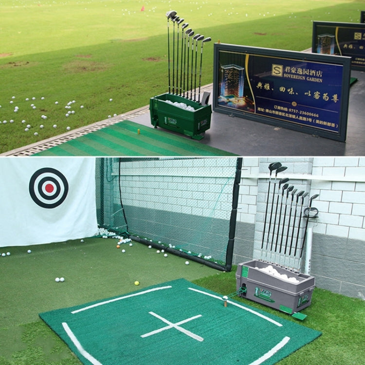 Green tee up machine with upright club rack on practice mat