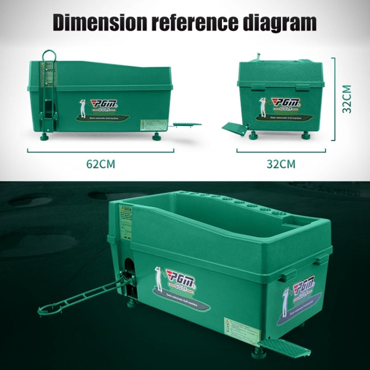 Green golf ball dispenser machine with dimensions graphic and side platform