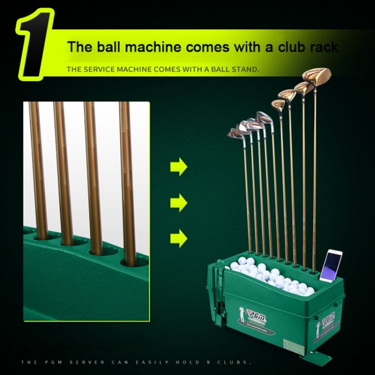 Green golf ball dispenser with ball bin and upright club rack