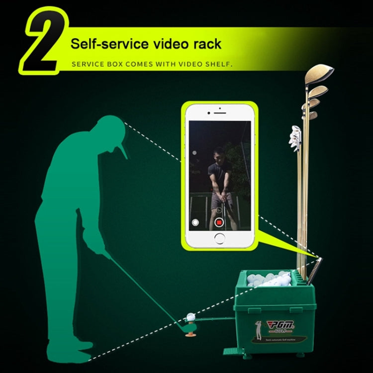Green golf ball dispenser with video shelf area and upright club rack