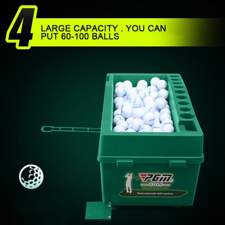 Green golf ball dispenser filled with white golf balls and top hole row