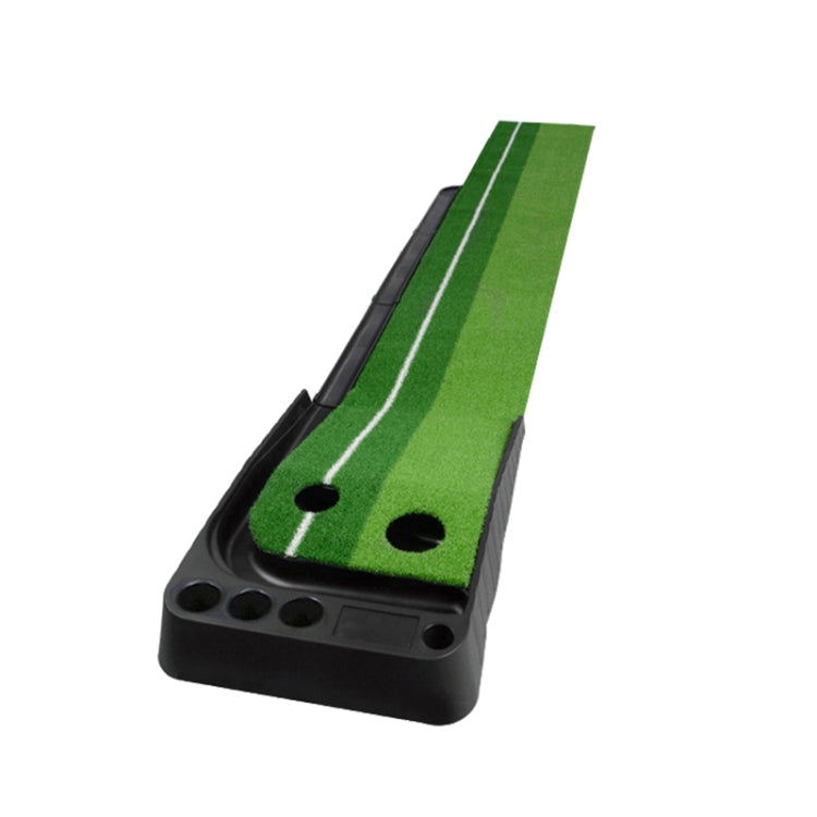 Golf putting mat trainer with green striped track, two black holes, dark base