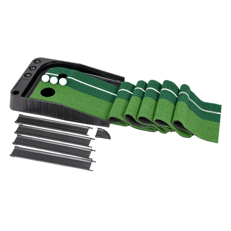 Golf putting mat trainer with folded turf pieces and black sliding rails
