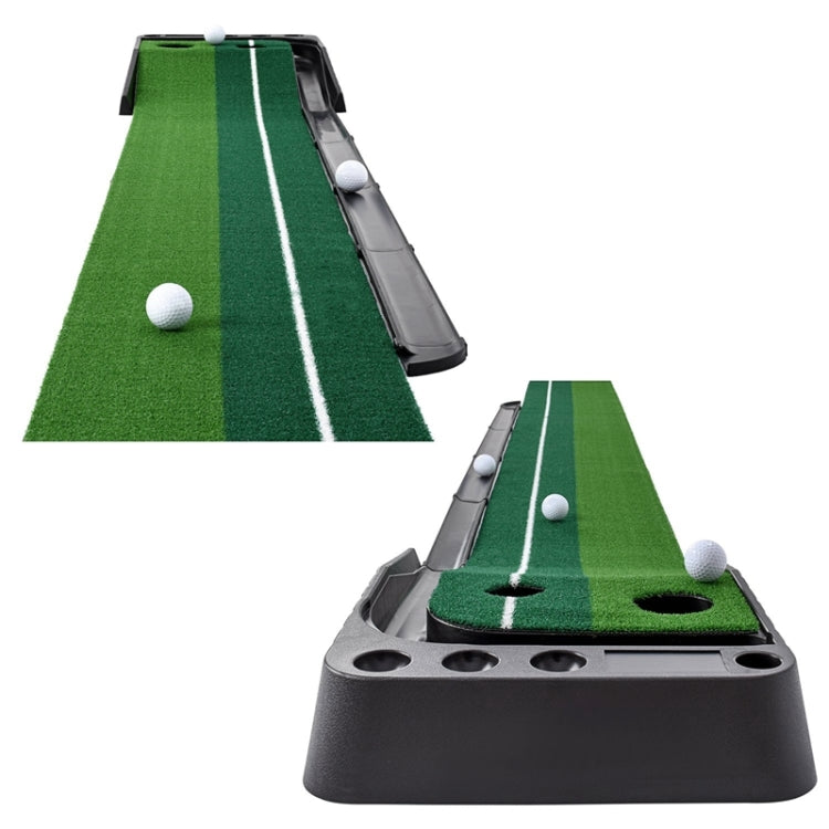 Golf putting mat trainer with white balls and auto ball return chute on dark base