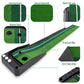 Golf putting mat trainer with green lanes, two holes, and side auto return channel