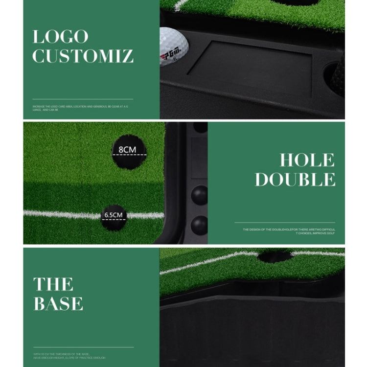 Golf putting mat with double holes on green turf and dark ridged base