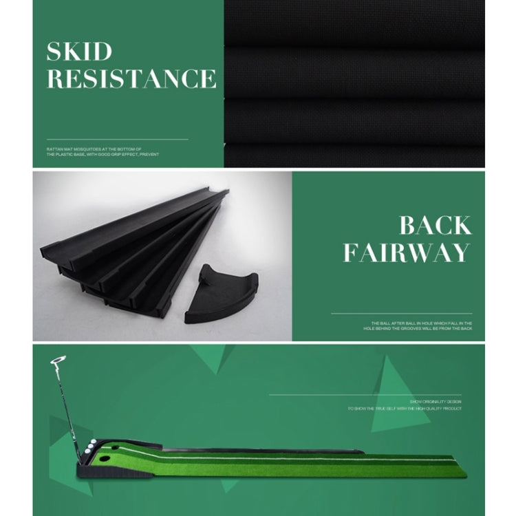 Golf putting mat trainer with long green fairway track and side return pieces
