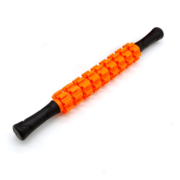 Orange segmented roller massage stick with black padded end grips