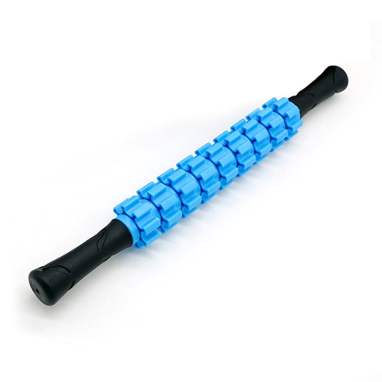 Blue segmented roller massage stick with black padded handles