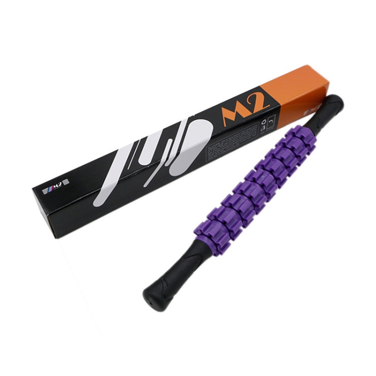 Purple segmented roller massage stick with black padded handles