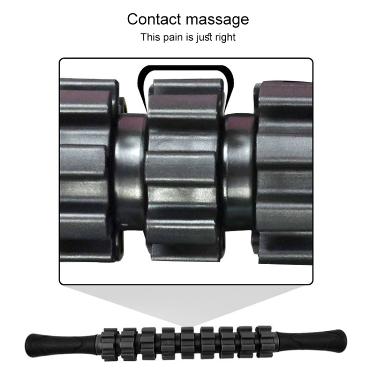 Black segmented roller massage stick detail showing rotating contact rollers