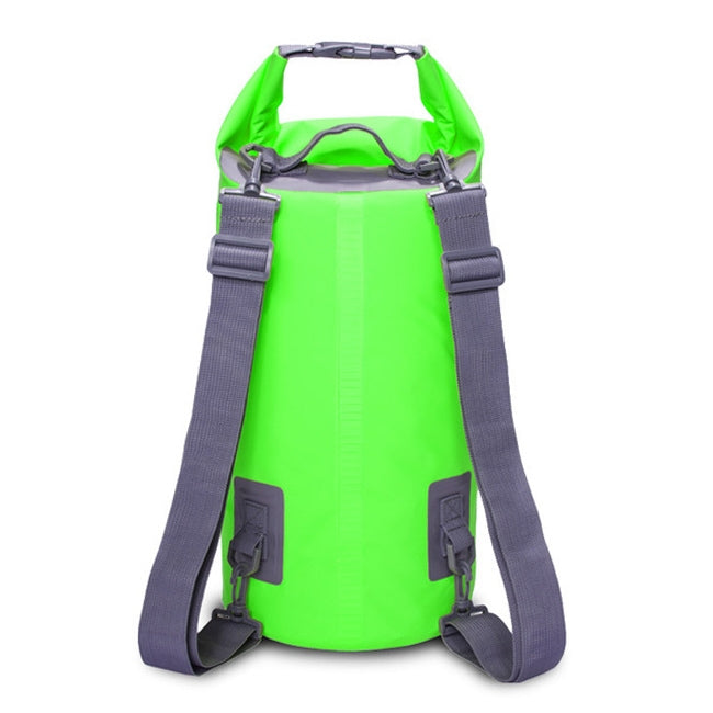 5L waterproof dry sack, green, dual shoulder straps, roll-top closure