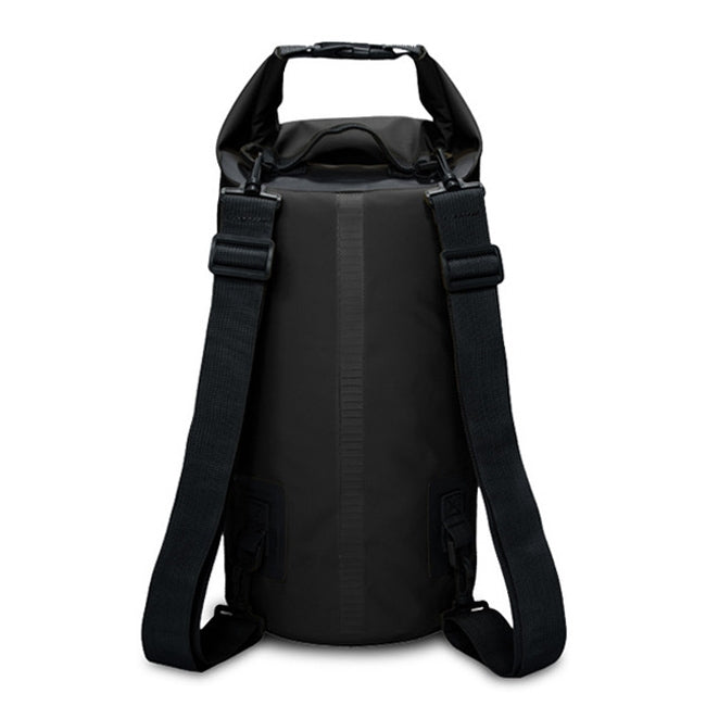 Black waterproof dry bag with dual shoulder straps and roll-top closure
